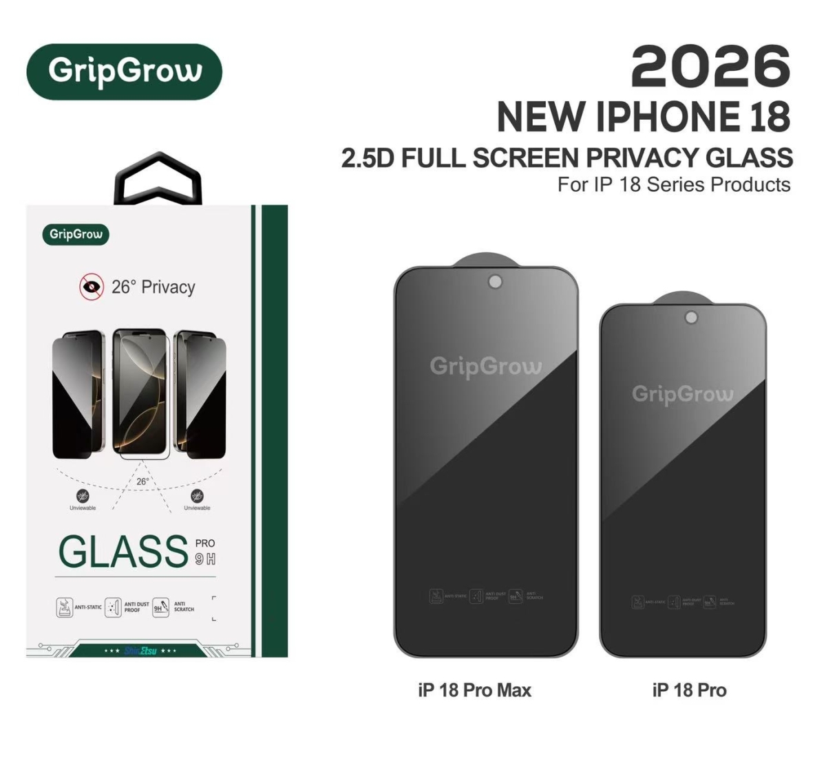 iPhone 18 Pro GRIP GROW HD 5D PRIVACY GLASS